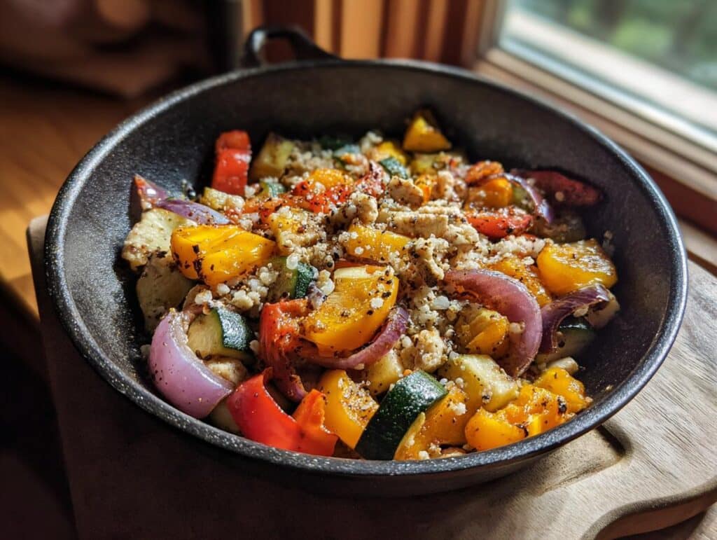 A colorful vegetable skillet, one of the Makayla Thomas fit recipes, featuring peppers, zucchini, and red onion.