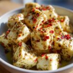 Close-up of a bowl filled with marinated cheese cubes, seasoned with herbs and red pepper flakes.