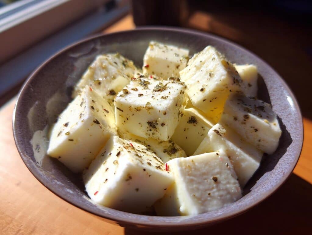 Close-up of a bowl filled with cubed marinated cheese, seasoned with herbs and spices.