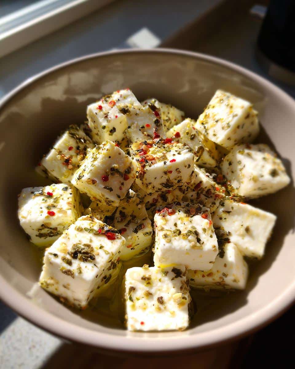 Close-up of a bowl filled with cubed marinated cheese, seasoned with herbs and spices.