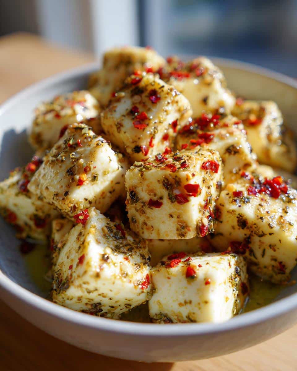 Close-up of a bowl filled with cubes of marinated cheese, seasoned with herbs and red pepper flakes.