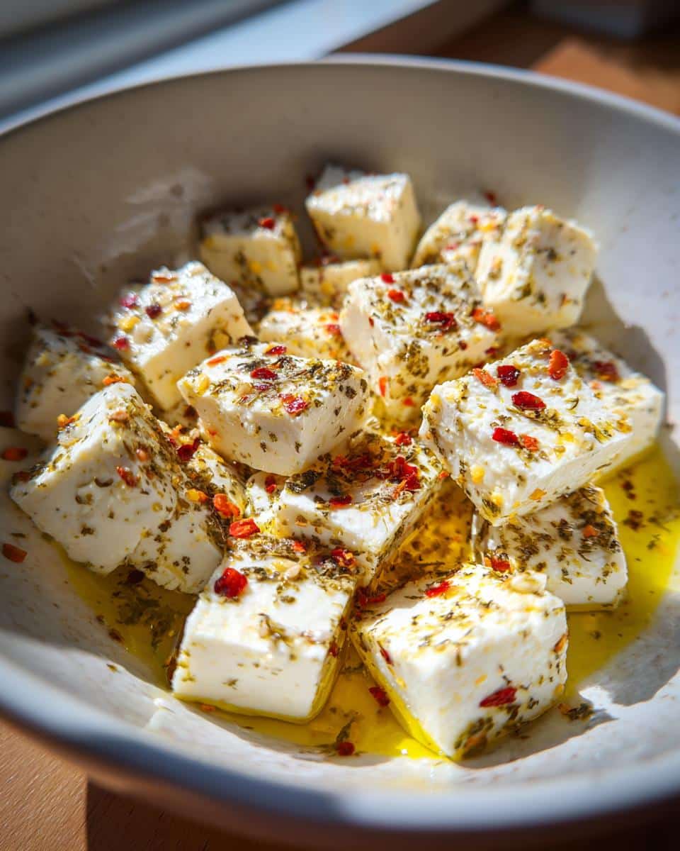 Close-up of marinated cheese cubes in a bowl, seasoned with herbs and spices, soaking in oil.
