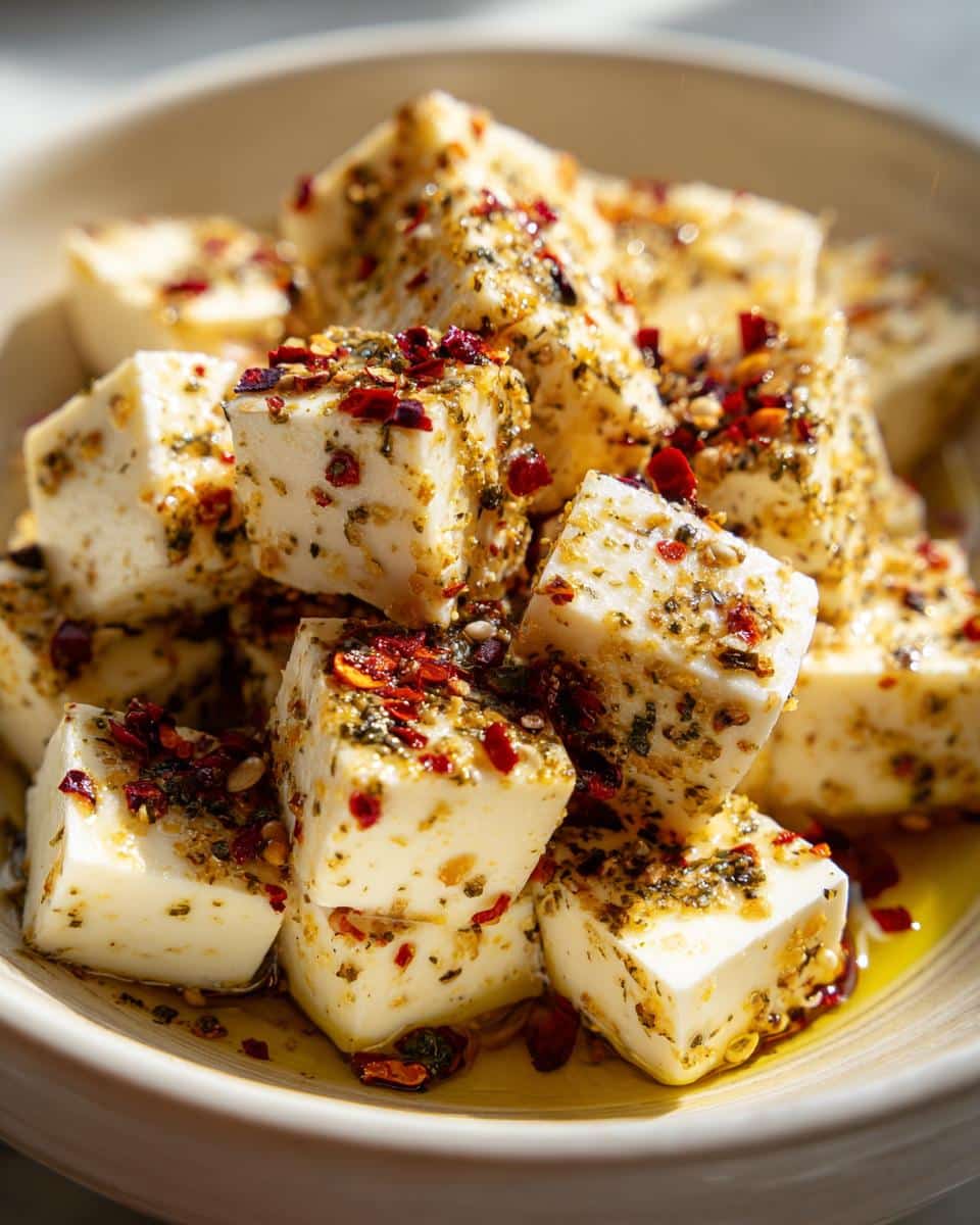 Close-up of marinated cheese cubes seasoned with herbs and spices in a bowl.