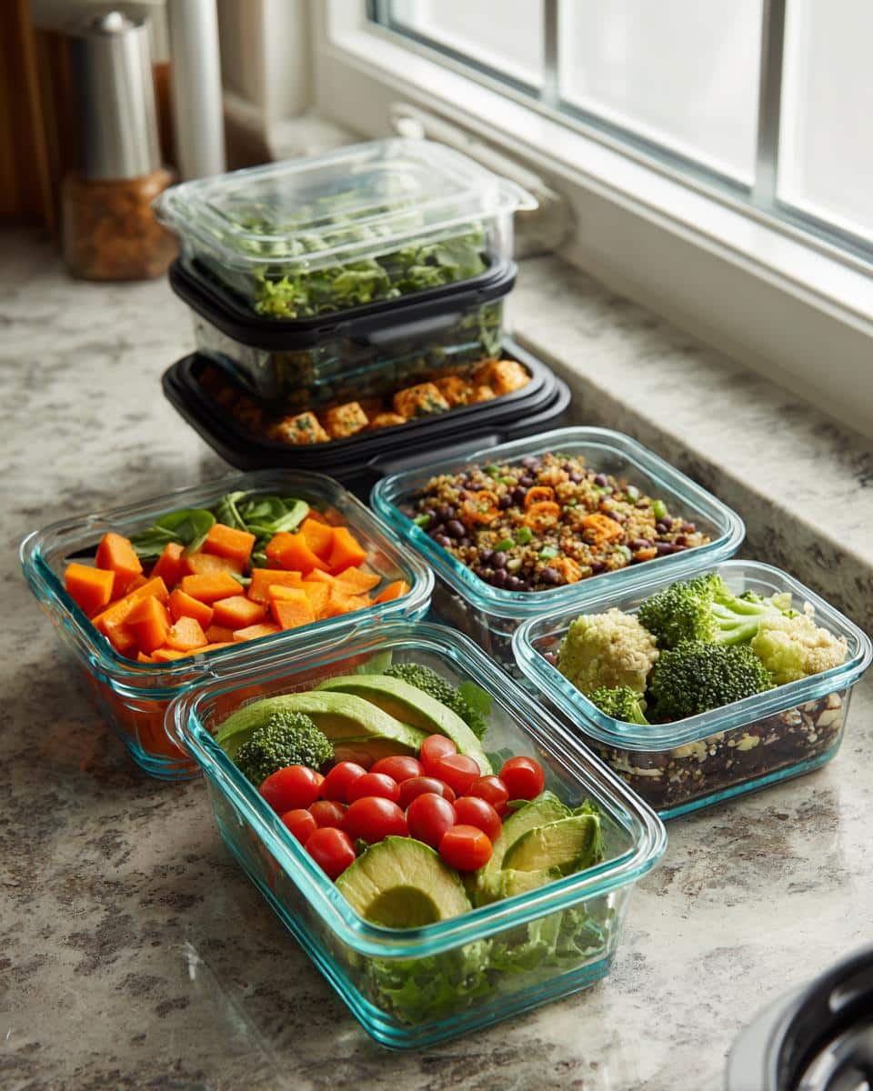 Glass containers filled with various healthy foods for meal prep for the week, including salads, vegetables, and grains.