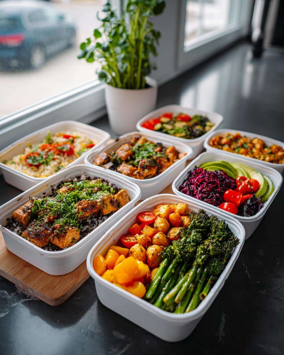 Several containers filled with diverse and colorful meals, ready for meal prep for the week.