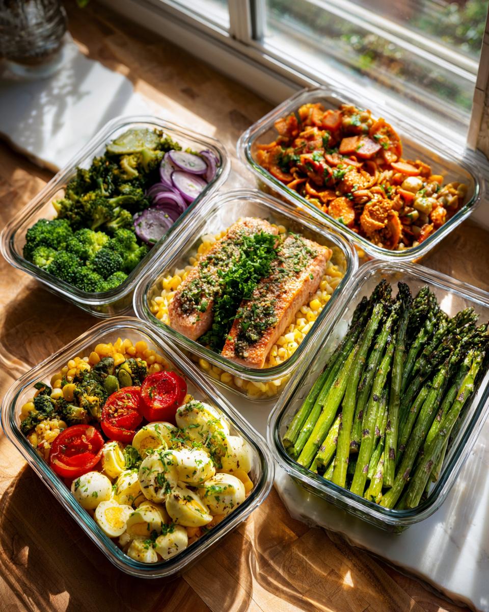 Glass containers filled with healthy food for meal prep for the week, including salmon, asparagus, broccoli, and eggs.