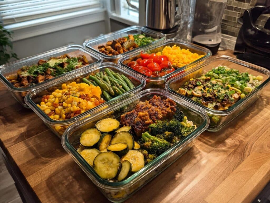 Glass containers filled with various healthy meals prepped for the week, showcasing colorful vegetables and proteins.