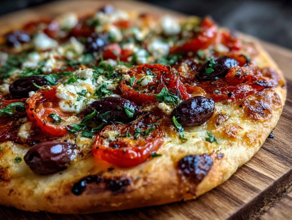 Close-up of a Mediterranean diet pizza with tomatoes, olives, feta cheese, and herbs on a wooden board.