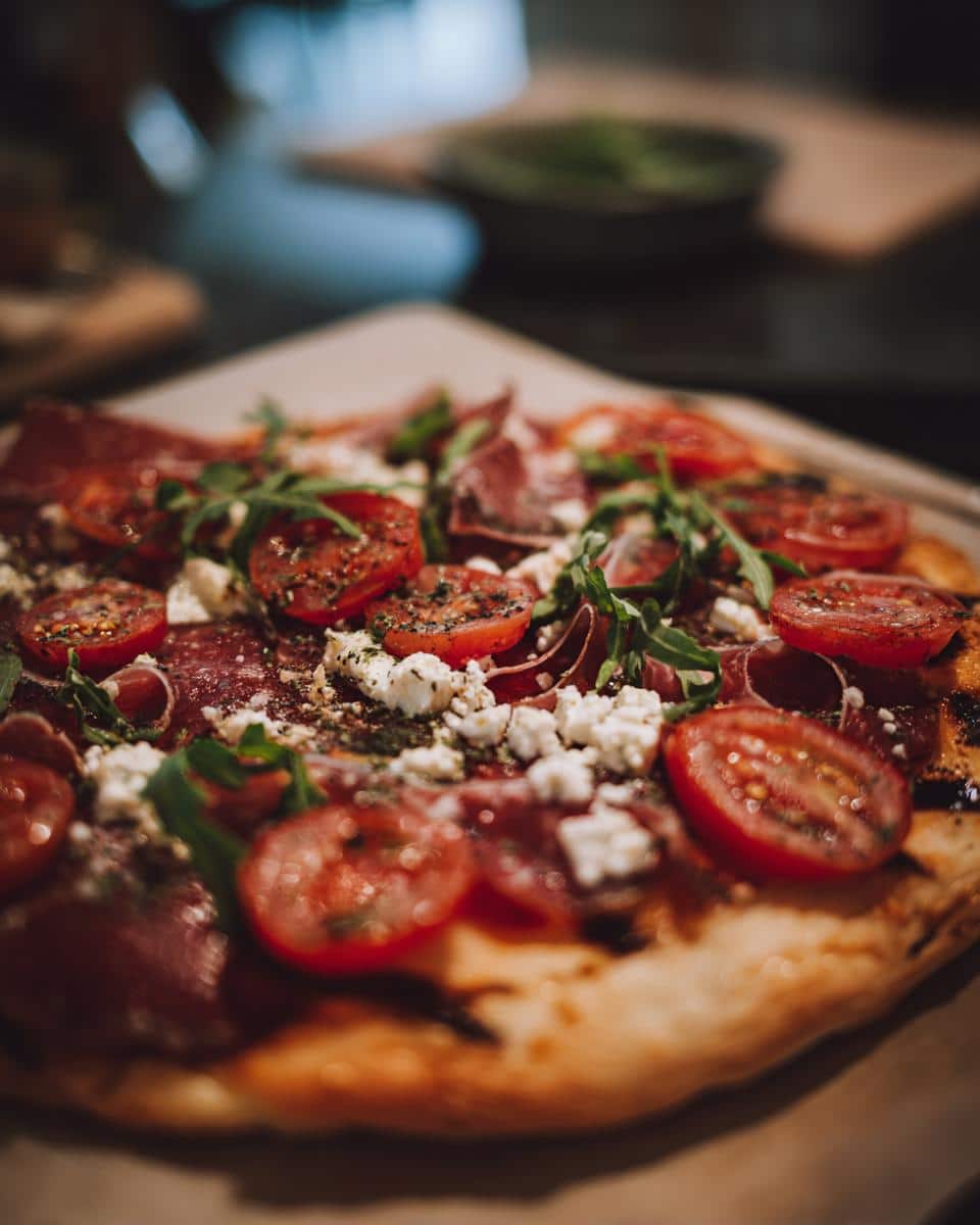 Close-up of a Mediterranean diet pizza with fresh tomatoes, feta cheese, arugula, and cured meat.