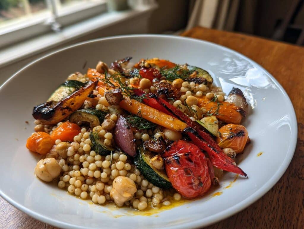 A vibrant bowl of Mediterranean diet recipes featuring couscous, roasted vegetables, and chickpeas.