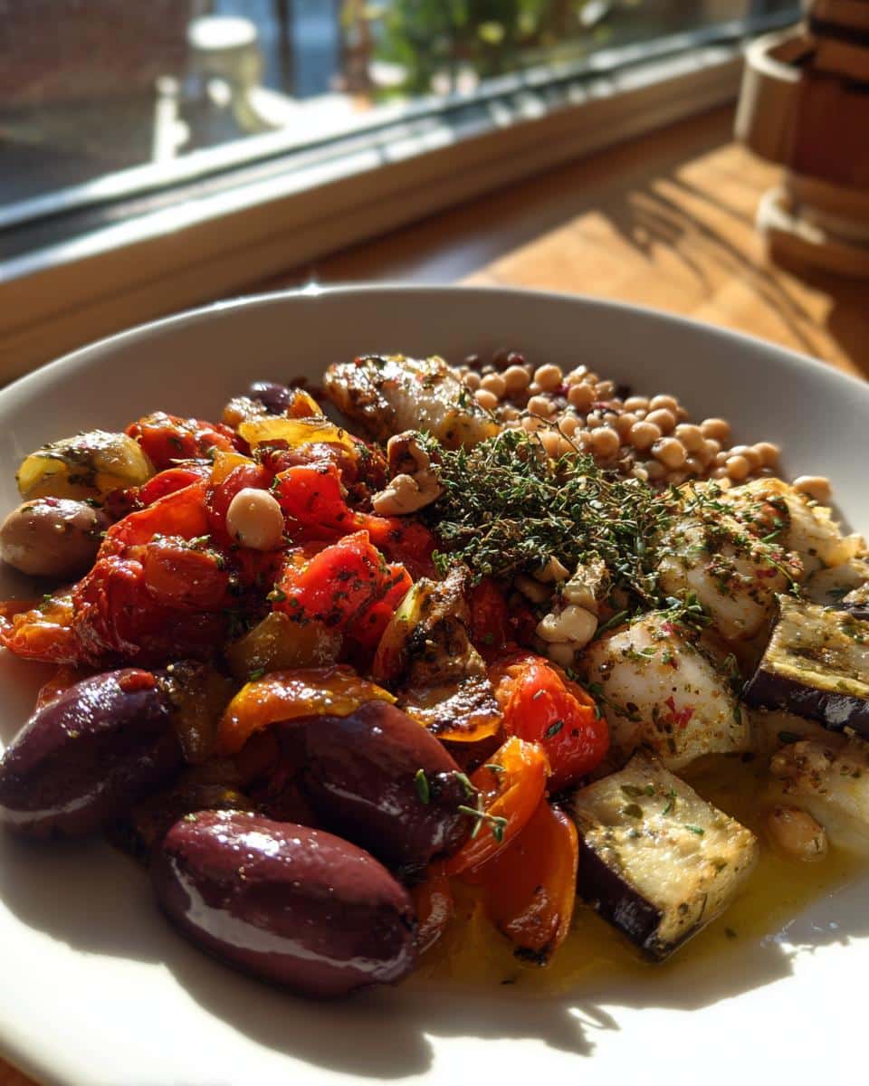 A vibrant plate showcasing Mediterranean diet recipes with olives, tomatoes, chickpeas, and eggplant.