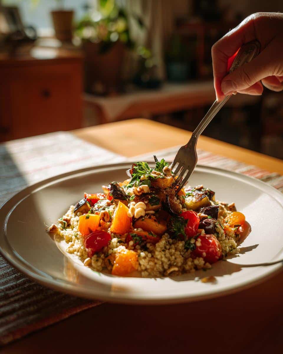 Fork lifting a bite of quinoa salad with roasted vegetables, part of Mediterranean diet recipes.