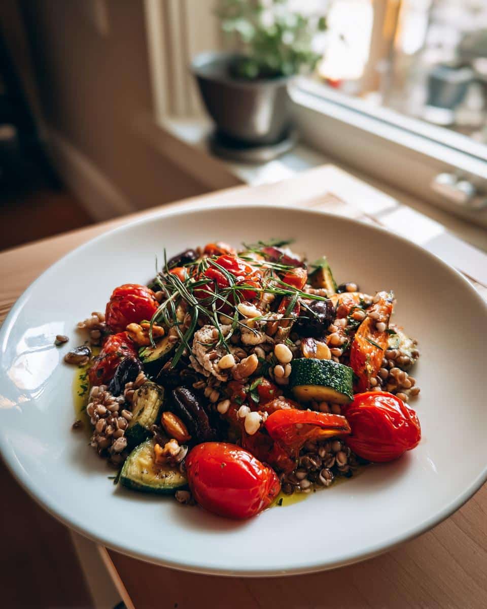 Plate of roasted vegetables, including tomatoes and zucchini, showcasing Mediterranean diet recipes.
