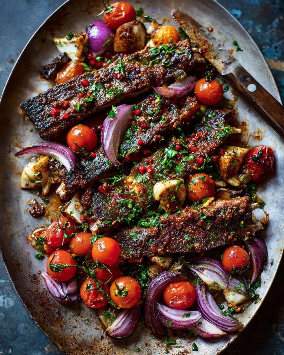Roasted ribs with tomatoes, onions, and herbs, showcasing a delicious Mediterranean diet meal.