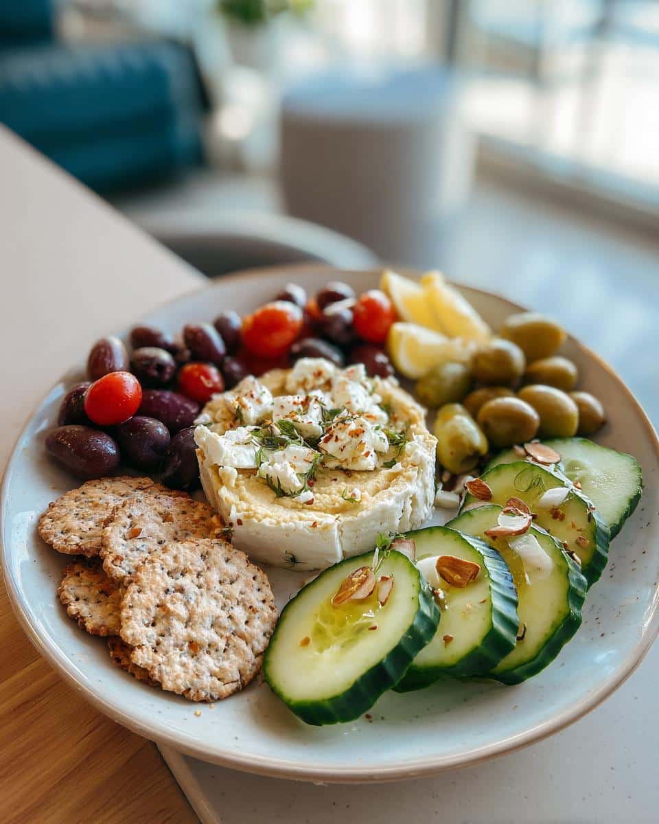 A plate of Mediterranean diet snacks including hummus, feta, olives, cucumbers, tomatoes, crackers, and lemon.