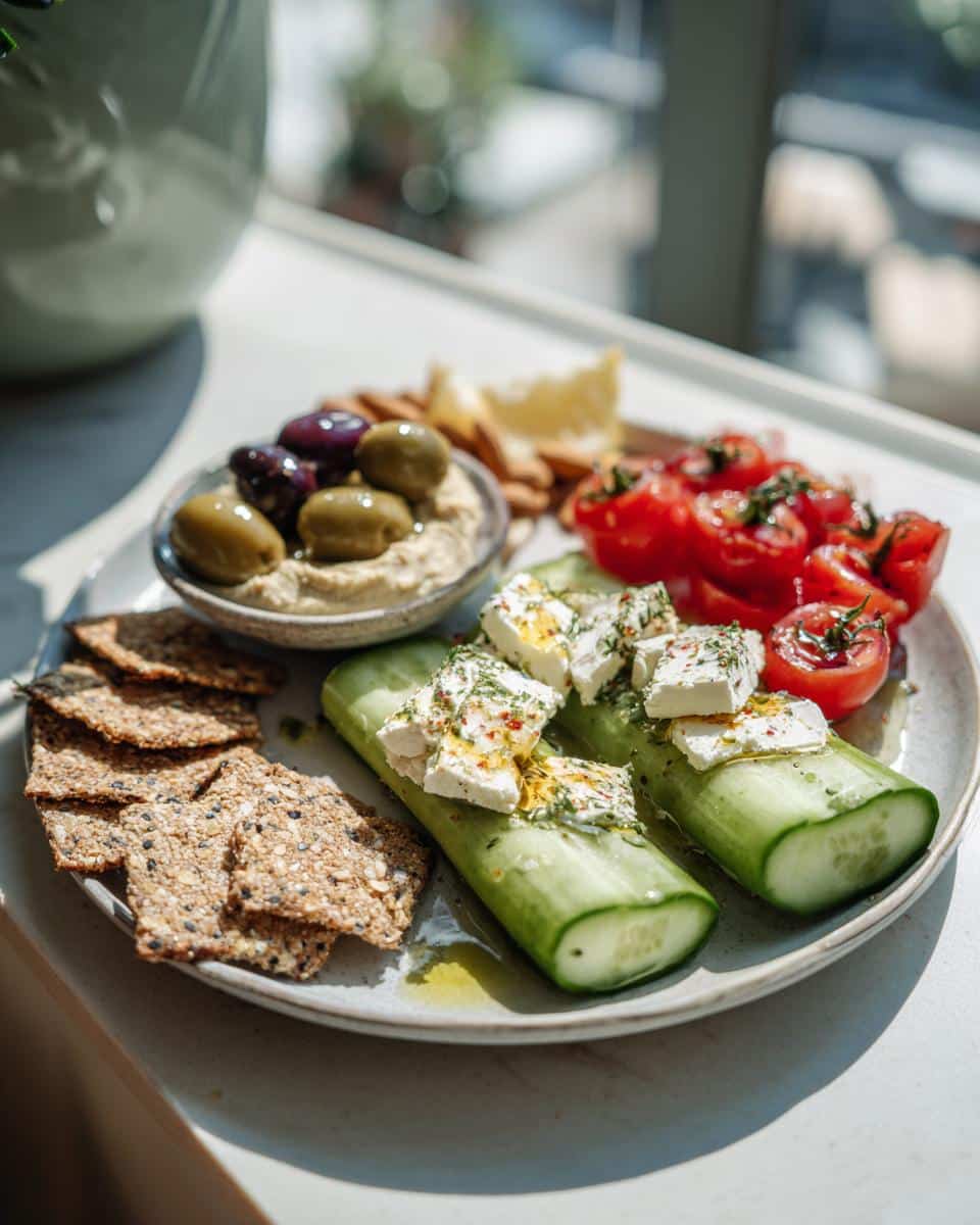 A plate of Mediterranean diet snacks including cucumber with feta, tomatoes, hummus, olives, and crackers.