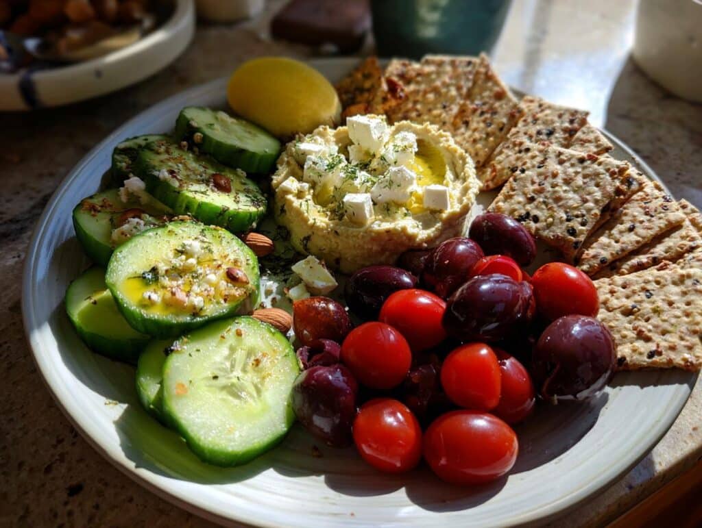 A colorful platter of Mediterranean diet snacks including hummus, cucumbers, tomatoes, olives, and crackers.