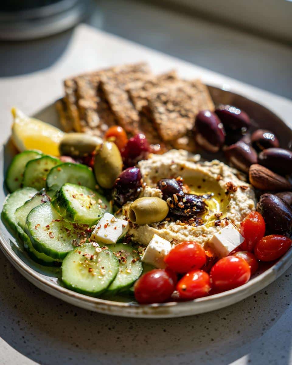 A colorful platter of Mediterranean diet snacks including hummus, olives, cucumbers, tomatoes, feta, and crackers.