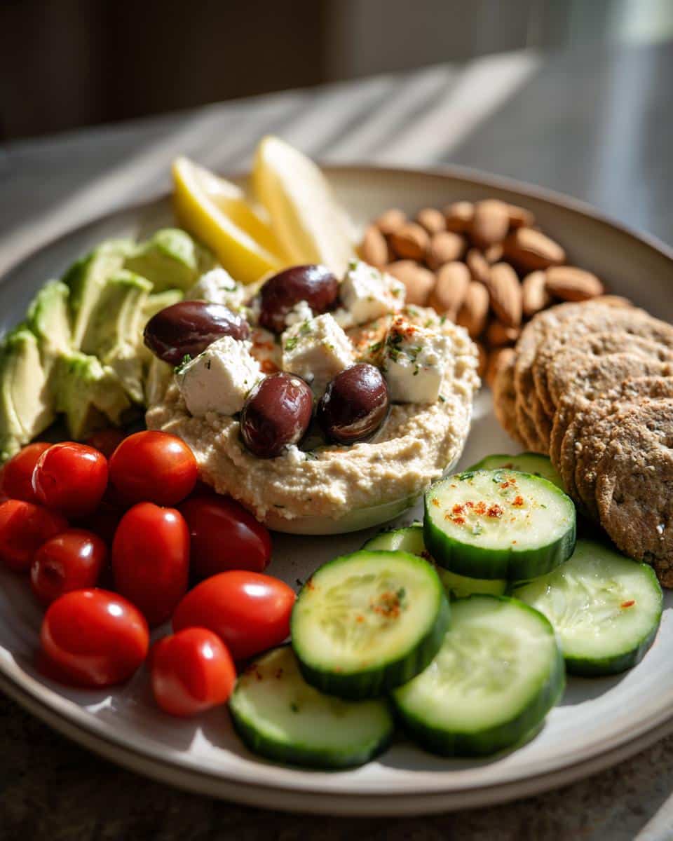 A colorful platter of Mediterranean diet snacks including hummus, olives, feta, avocado, tomatoes, cucumbers, almonds, and crackers.