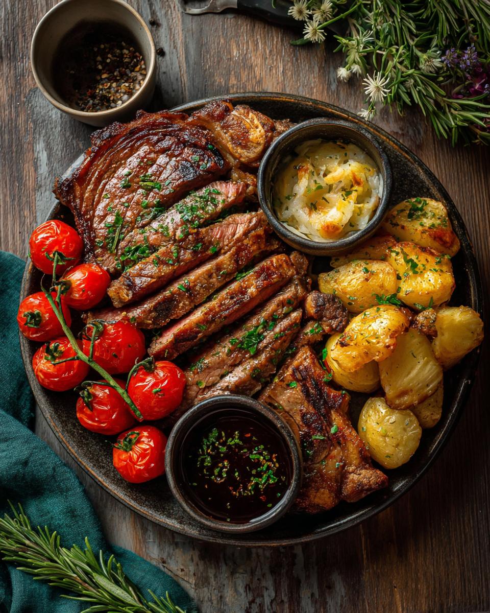 Grilled steak with roasted tomatoes and potatoes, part of a delicious Mediterranean diet meal.