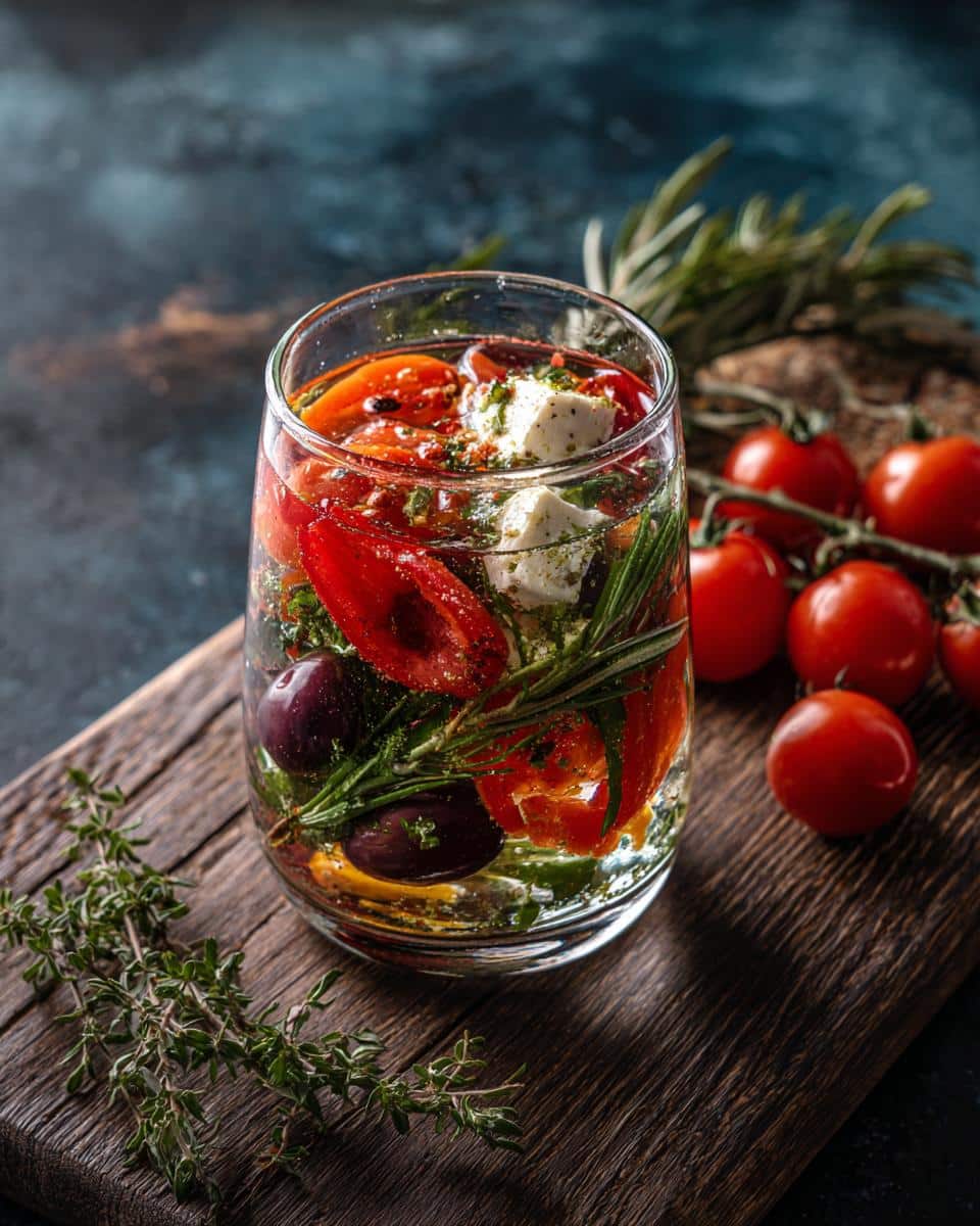 Glass filled with tomato, feta, olives, and herbs, showcasing a recipe aligned with the Mediterranean diet.
