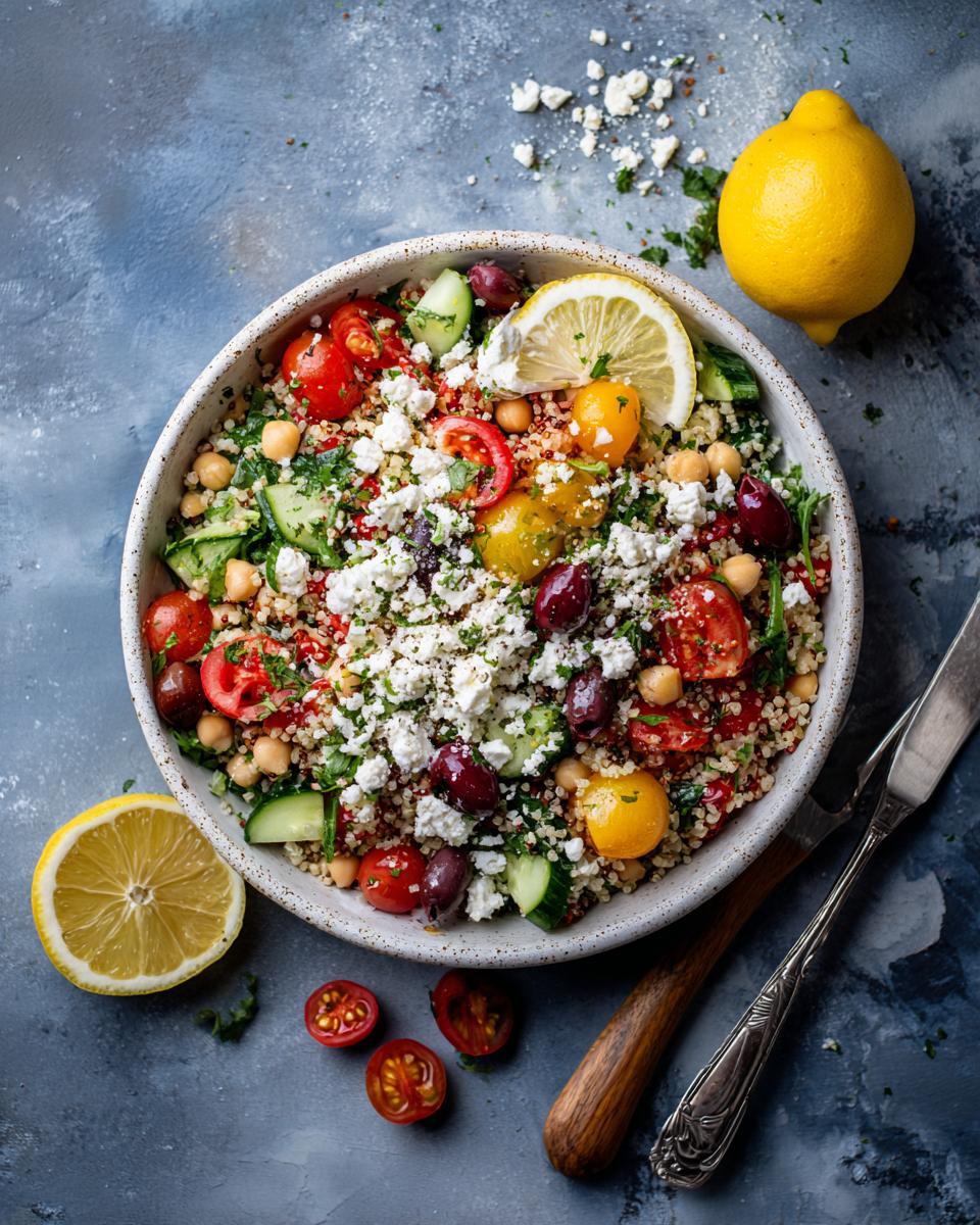 Overhead shot of a quinoa salad bowl, a vibrant Mediterranean lunch idea with feta, tomatoes, cucumber, and olives.