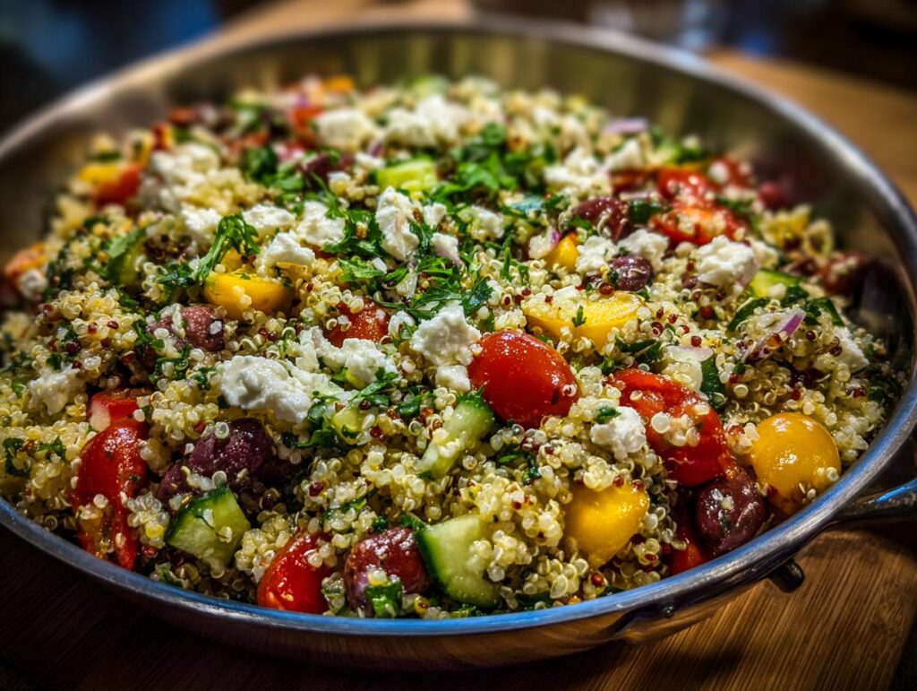 A vibrant Mediterranean quinoa salad with tomatoes, cucumbers, olives, feta, and herbs, perfect for Mediterranean lunch ideas.