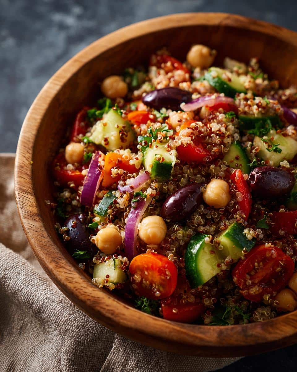 Wooden bowl filled with a colorful Mediterranean quinoa salad, a great idea for mediterranean lunch ideas.