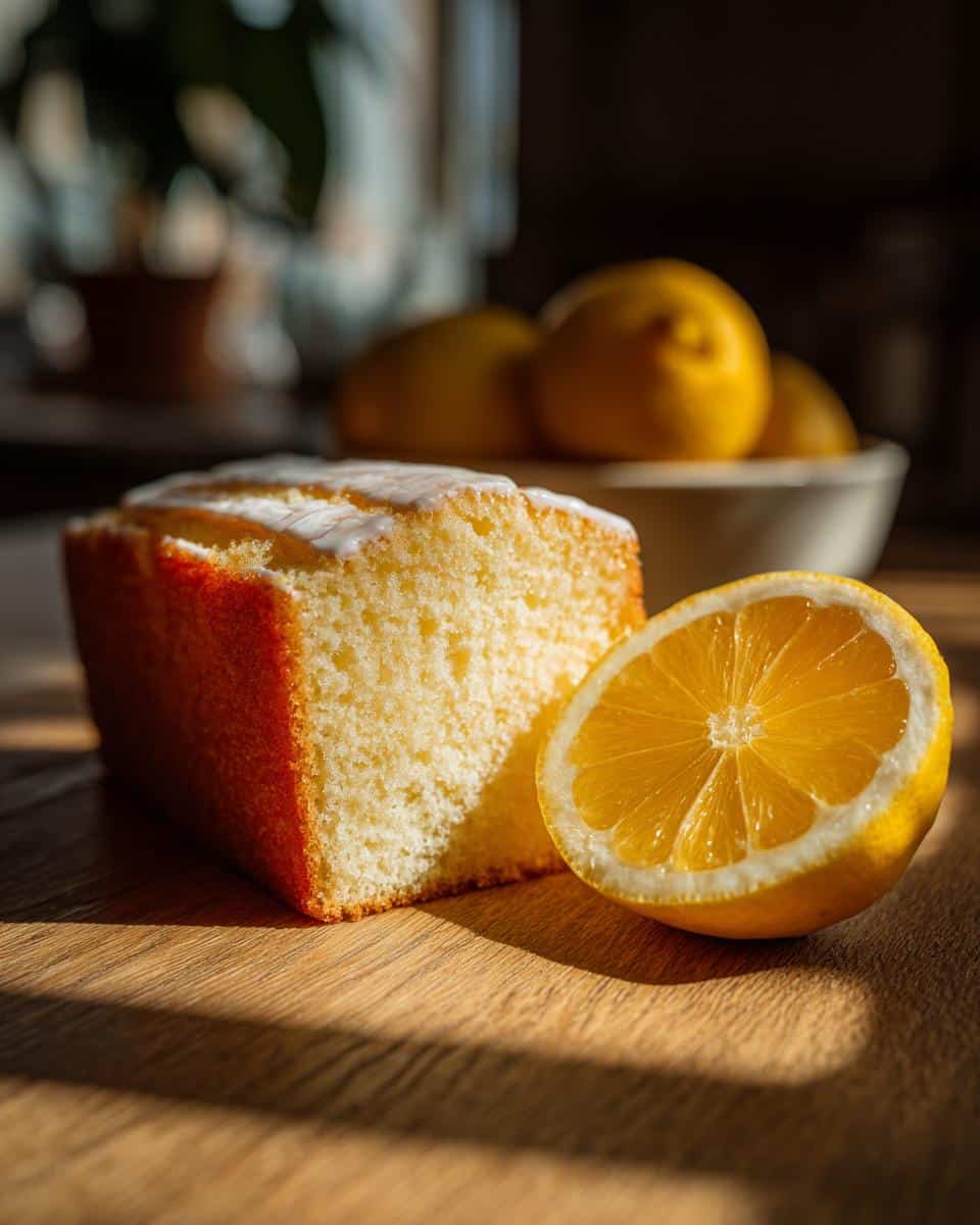 A loaf of iced Meyer lemon cake next to a halved Meyer lemon, showcasing Meyer lemon recipes.