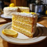 A slice of Meyer lemon cake with white frosting and lemon zest, showcasing a delicious Meyer lemon recipes.