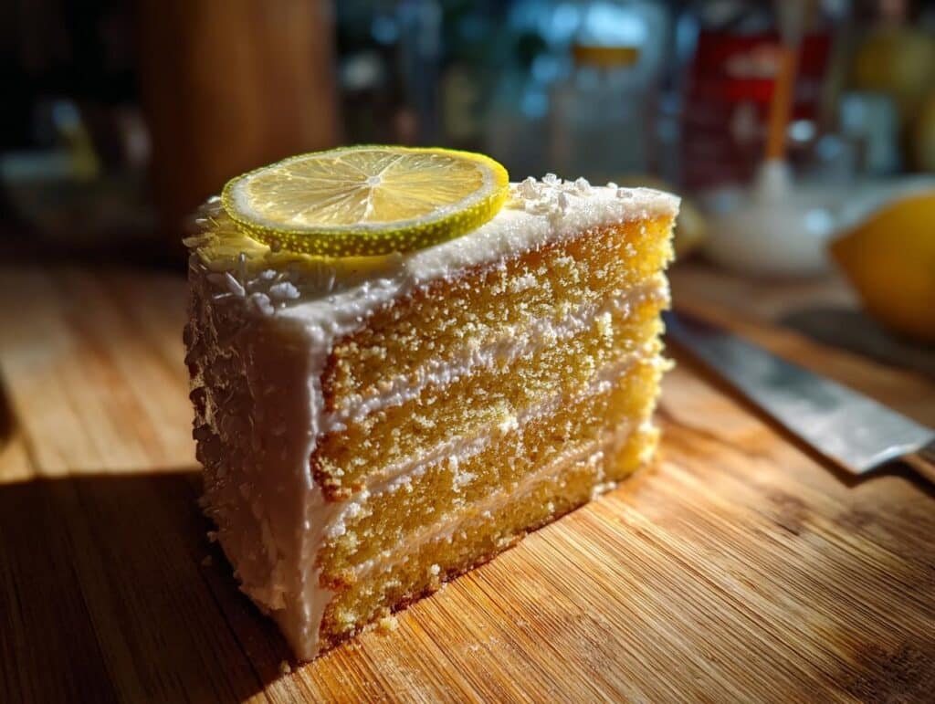 A slice of Meyer lemon cake with white frosting and a lemon slice on top. Part of Meyer lemon recipes.