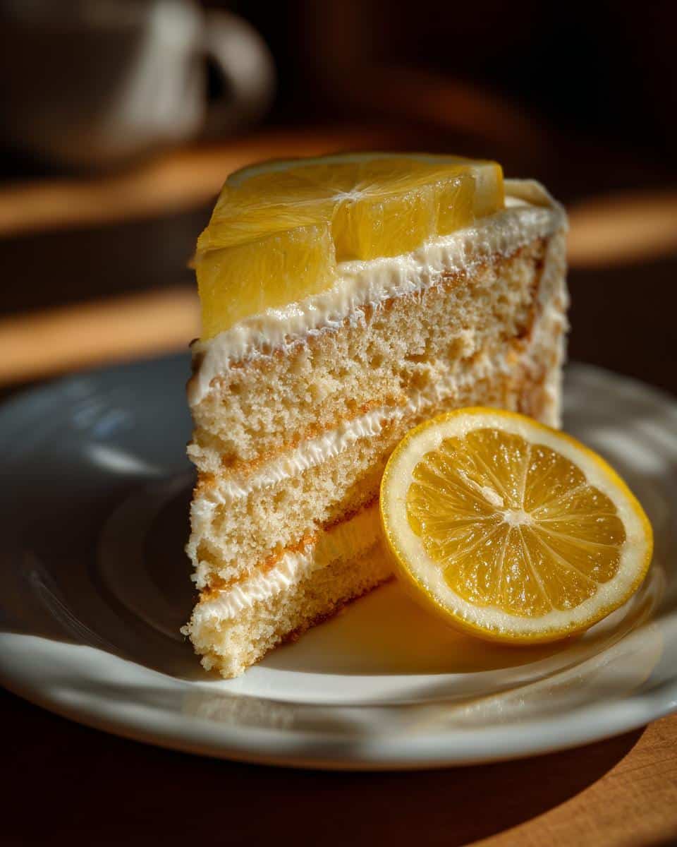 A slice of Meyer lemon cake with frosting and lemon slices, showcasing one of our best meyer lemon recipes.