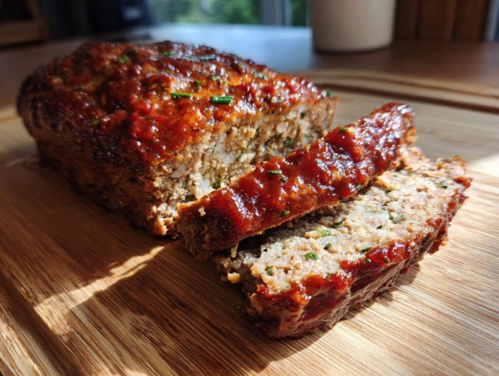 A sliced meatloaf with a glazed top, sitting on a wooden cutting board, ready to serve.