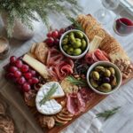 Overhead shot of a New Years charcuterie board with cheeses, meats, olives, crackers, and grapes.
