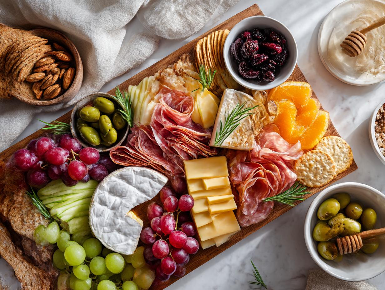 Overhead shot of a New Years charcuterie board with cheese, meats, fruits, olives, and crackers.