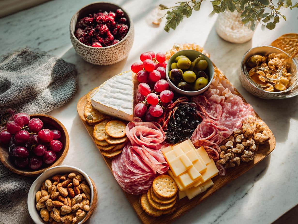 Overhead shot of a New Years charcuterie board with meats, cheeses, fruits, olives, and nuts.