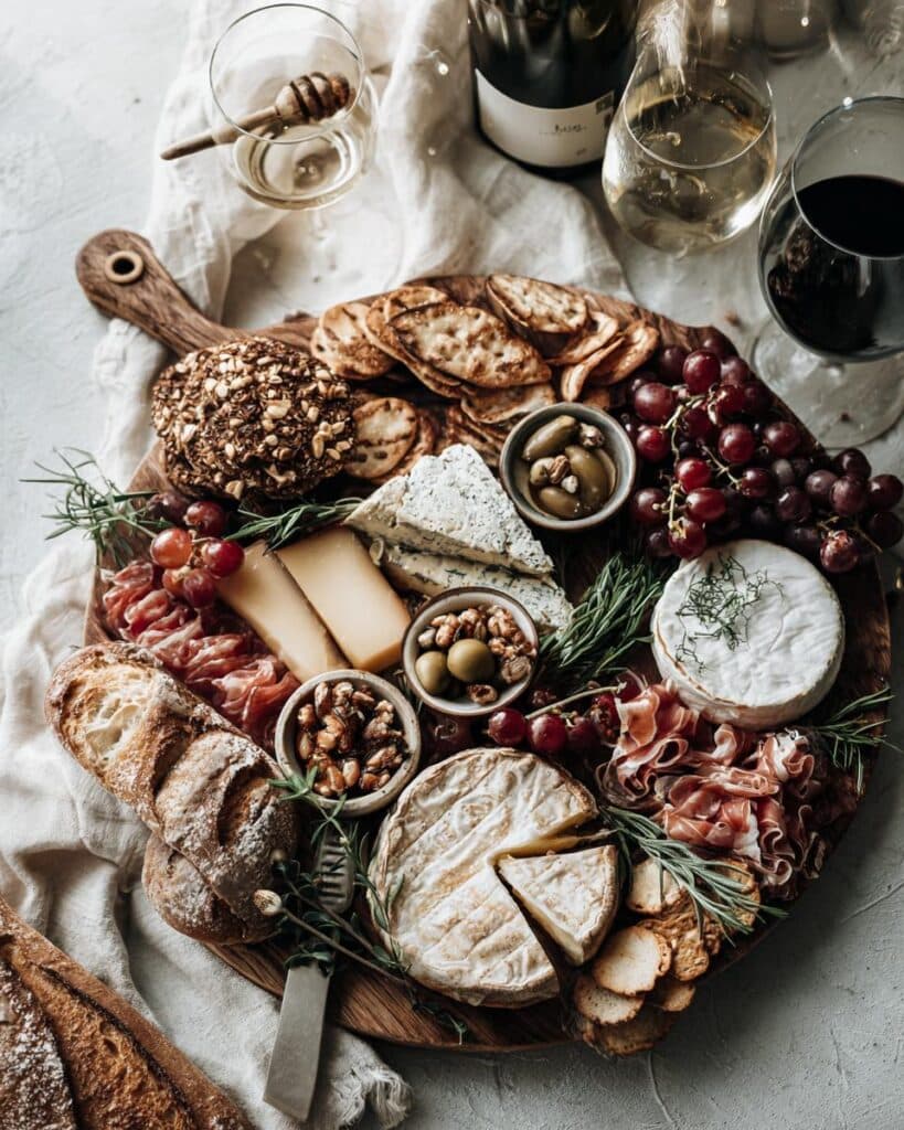 Overhead shot of a New Years charcuterie board with cheeses, meats, grapes, crackers, bread, and wine.
