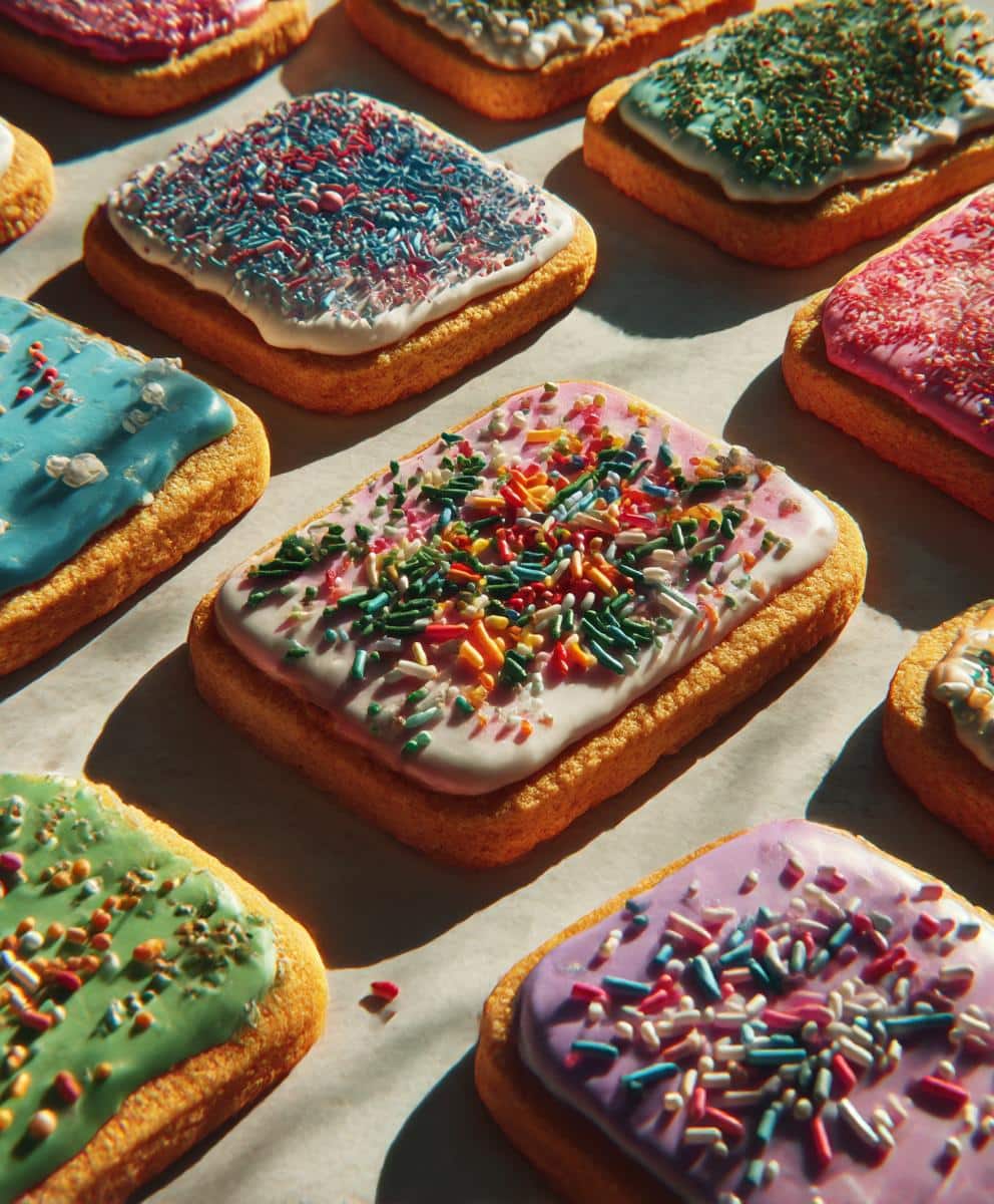 Assortment of colorful New Years cookies with different pastel icings and festive sprinkles.