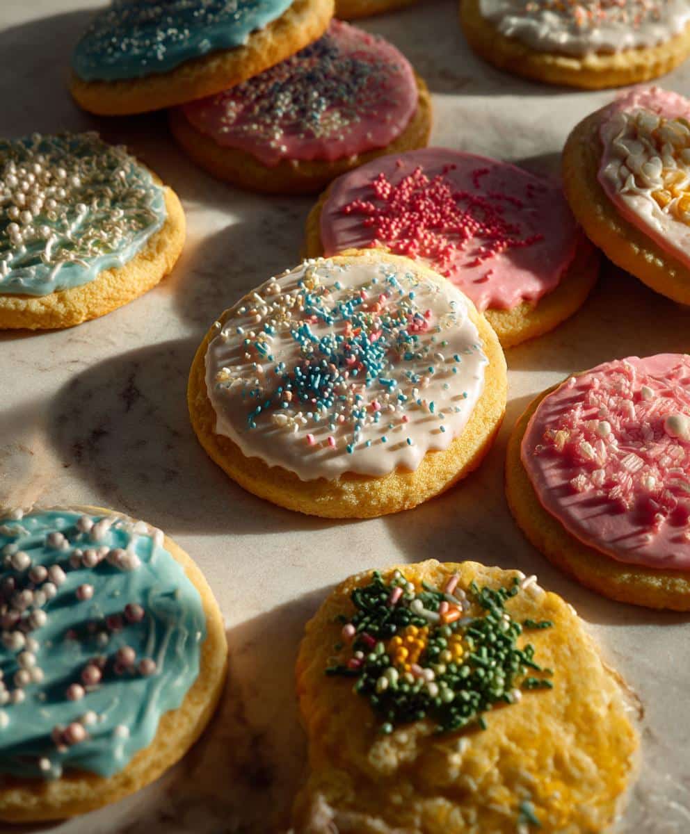 Assortment of colorful New Years cookies with frosting and sprinkles, perfect for a festive celebration.