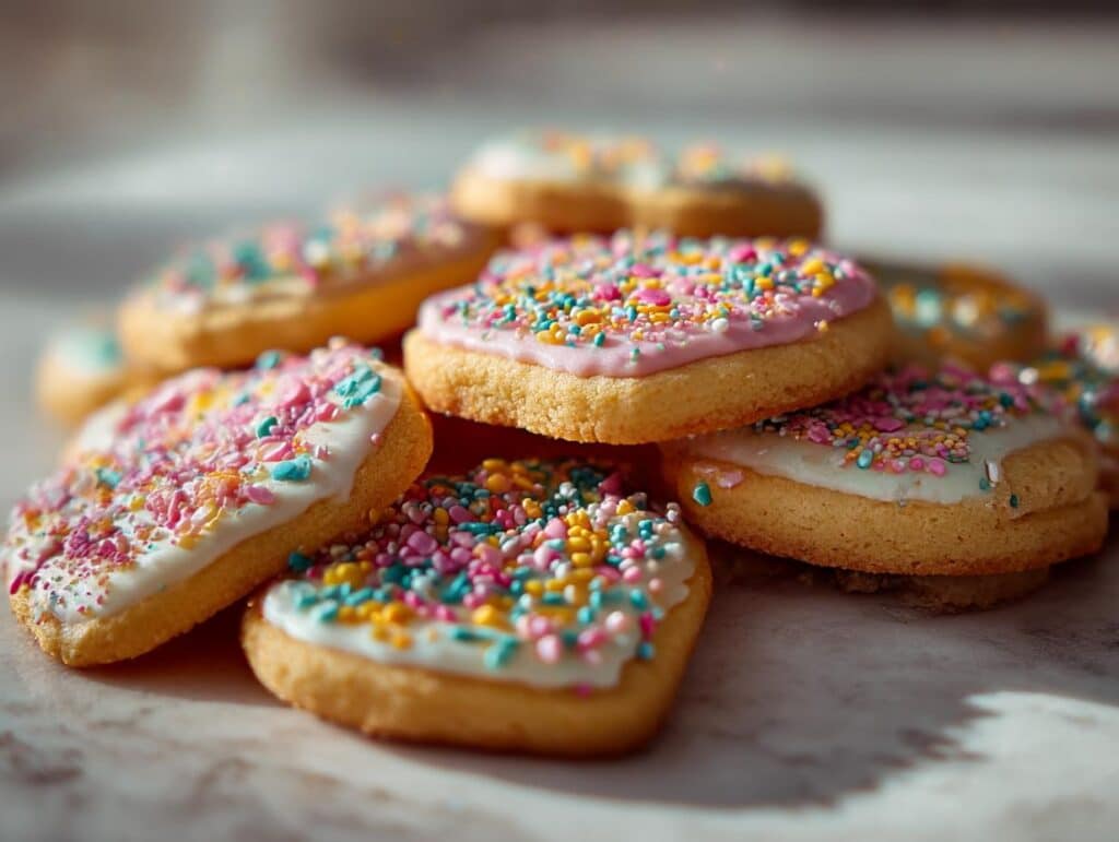 Pile of festive new years cookies decorated with colorful frosting and sprinkles.