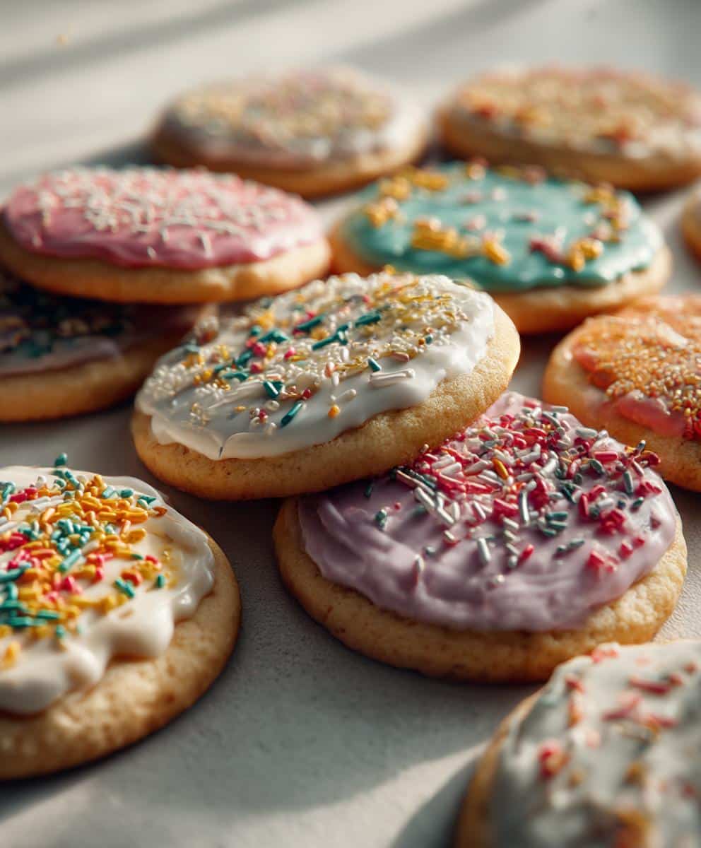 Close-up of assorted New Years cookies with colorful frosting and festive sprinkles.