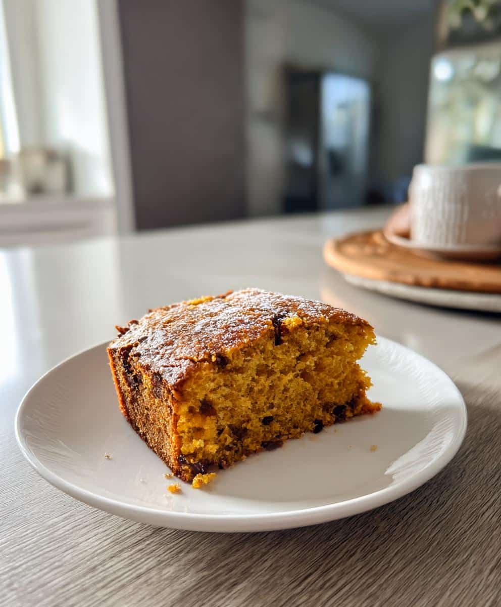 A slice of New Years Eve dessert cake, dusted with powdered sugar, sits on a white plate.