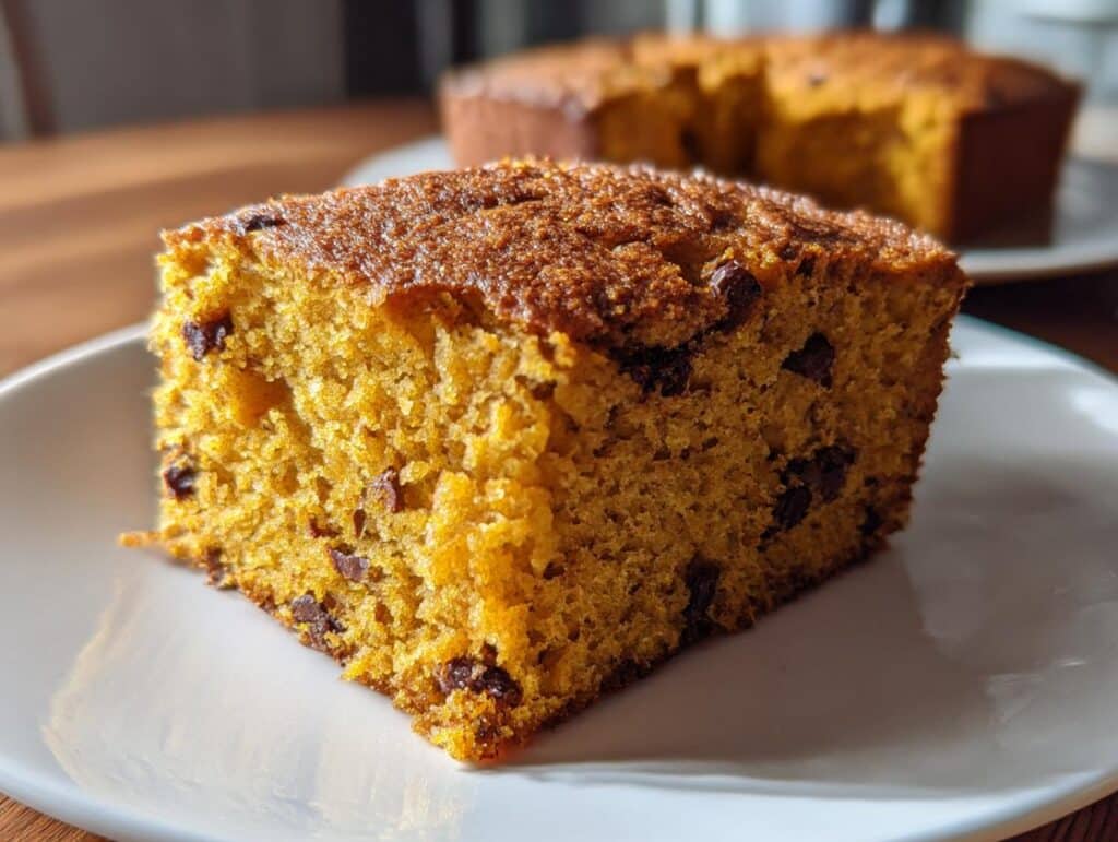 A slice of chocolate chip cake, a perfect new years eve dessert, sits on a white plate with the rest of the cake in the background.