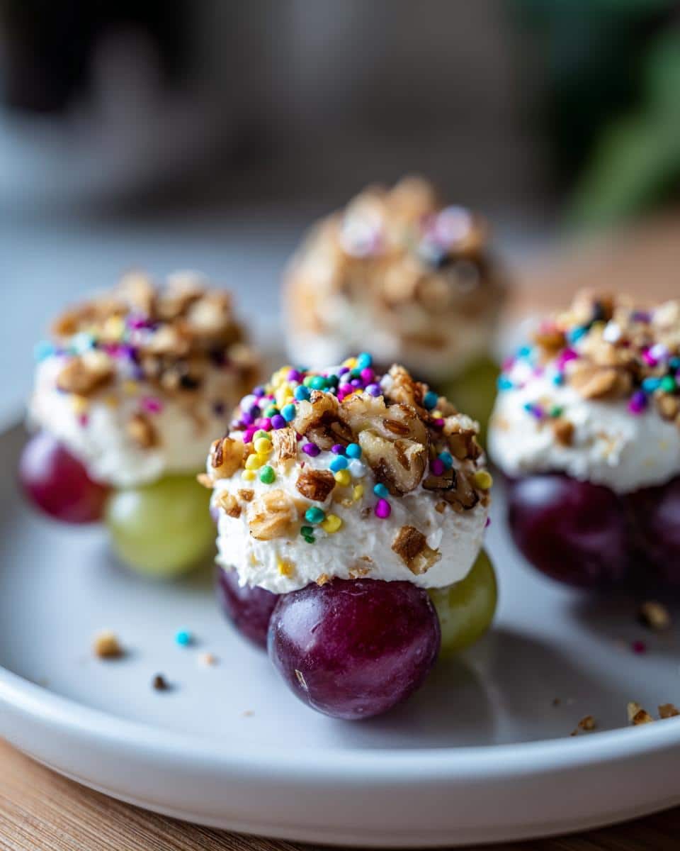 Close-up of New Year’s Grapes appetizers with grapes, cream cheese, sprinkles, and nuts on a white plate.