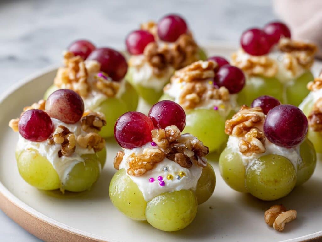 Close-up of New Year’s Grapes appetizers with cream cheese, walnuts, and sprinkles on a plate.