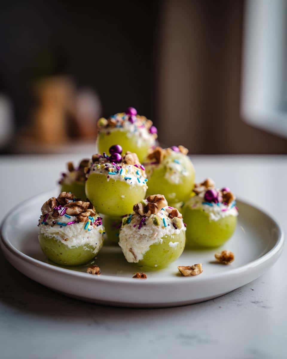 A plate of New Year’s Grapes filled with cream cheese, topped with sprinkles and nuts.