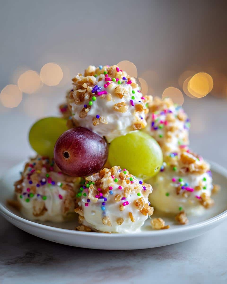 A stack of New Year’s Grapes covered in white chocolate, nuts, and sprinkles on a white plate.