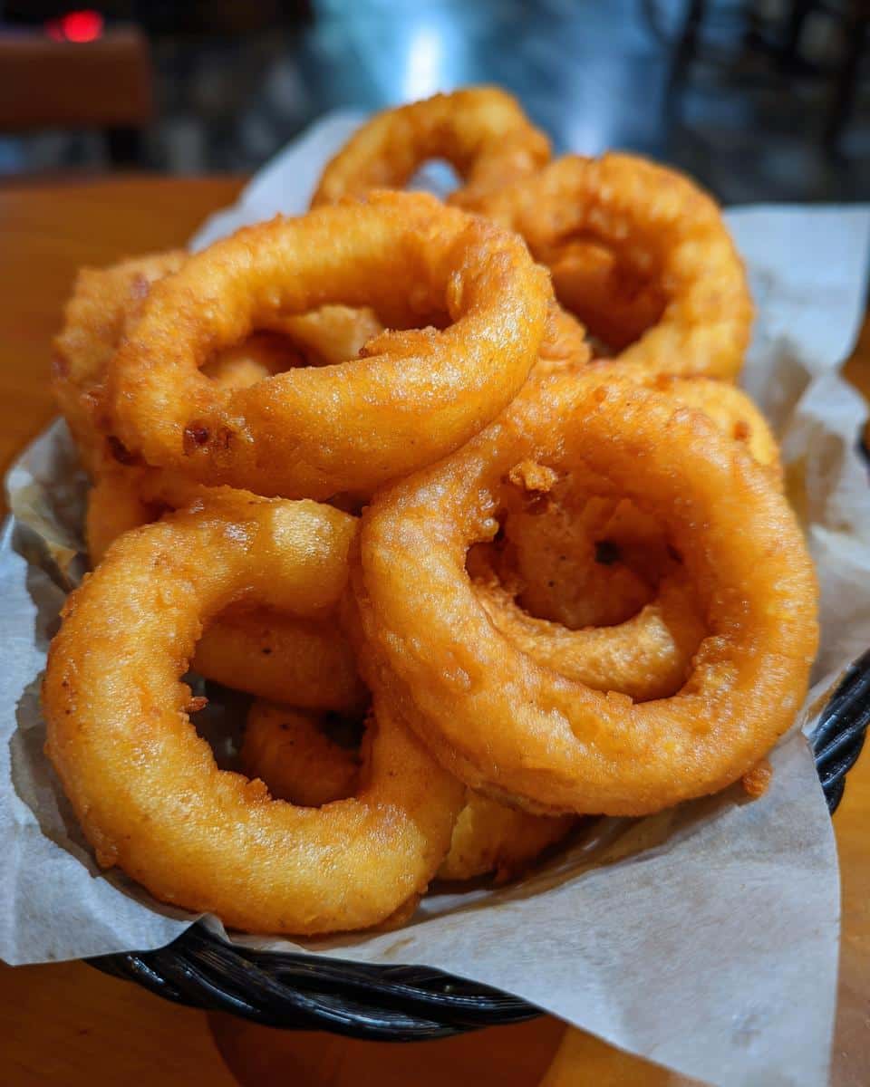 A basket overflowing with golden, crispy Onion Ring Chips, perfect for snacking.