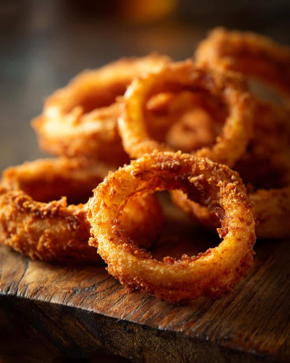 Close-up of golden fried Onion Ring Chips piled on a rustic wooden board.