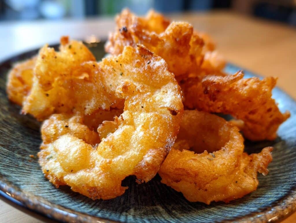Close-up of golden brown Onion Ring Chips on a plate, showcasing their crispy texture and savory seasoning.